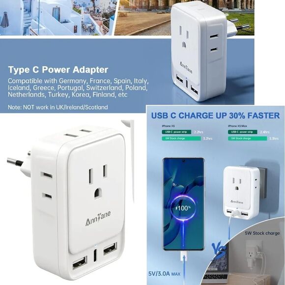 Travel 5 Foot 9 in 1 Power Strip And Type C Plug Adapter Cruise Bundle - Picture 11 of 16